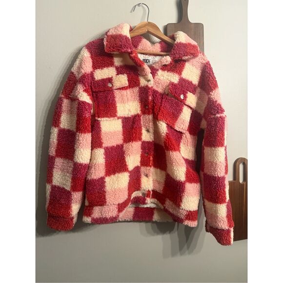 Beach Riot Red Pink Checkered Teddy Faux Sherpa Laurie Coat Jacket Size Medium - Picture 1 of 6